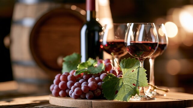 Red Wine Grapes Barrel Still Life, Wine Cuisine