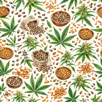 Watercolor seamless botanical pattern of hemp leaves, hemp seeds, and golden flaxseeds
