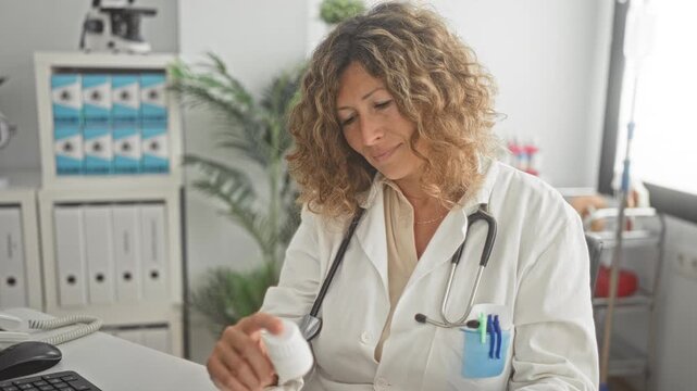 Woman doctor extends hand offering pill bottle in medical building office with stethoscope visible and gentle smile; reassurance patient care.