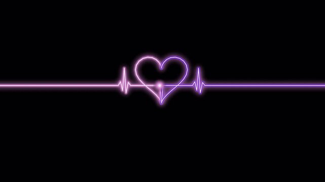 Glowing purple heart shape with a medical heartbeat line rhythm on a Transparent background