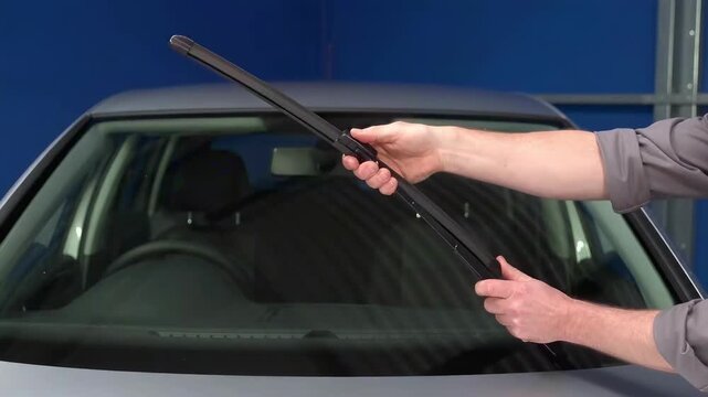 Mechanic fitting a new windscreen wiper blade before winter driving