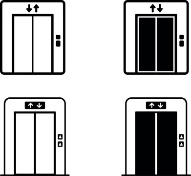 Elevator doors icon set showing open and closed lift doors with directional arrows for building navigation concepts