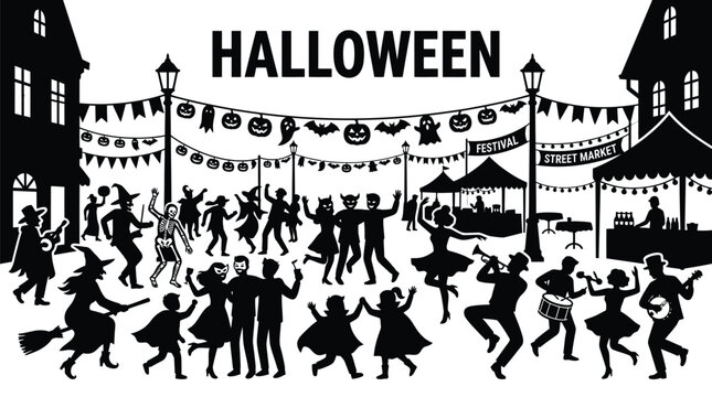 Detailed halloween street festival vector illustration featuring dancing people in costumes and spooky holiday event decorations
