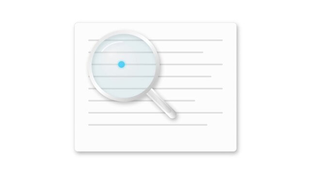 A high-quality 2D vector animation featuring a sleek silver magnifying glass sliding over a document, uncovering vibrant glowing blue text through a dynamic lens reveal on a white background.