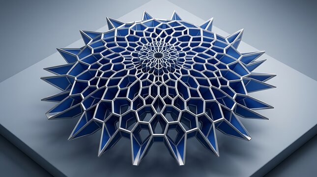 Radial cellular dome sculpture with silver framework and blue facets