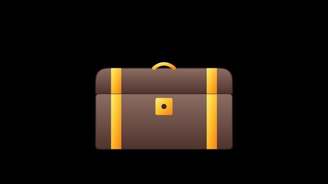 A high-quality vector animation of a classic brown wooden treasure chest opening to reveal a hoard of glowing gold coins and magical sparkles, set against a dark background.