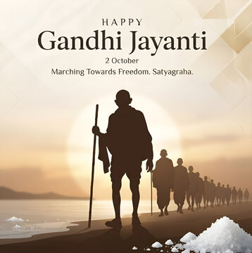 Happy Gandhi Jayanti Marching Towards Freedom Silhouette 