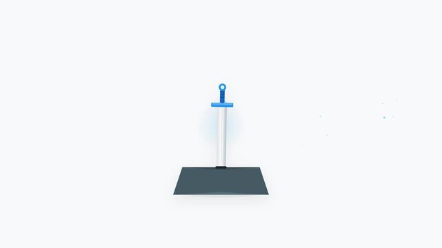 A clean flat vector illustration depicting a silver and blue enchanted sword rising from a stone pedestal, featuring a pulsing soft glow and floating magical particles on a minimalist background.