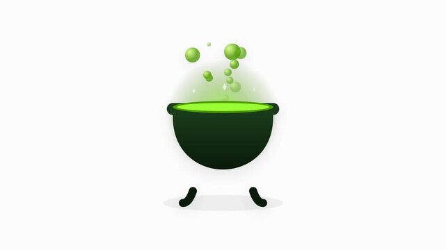 A large dark green potion cauldron features a glowing lime liquid surface with rising bubbles and shimmering sparkles. The smooth flat vector animation loops seamlessly over five seconds.