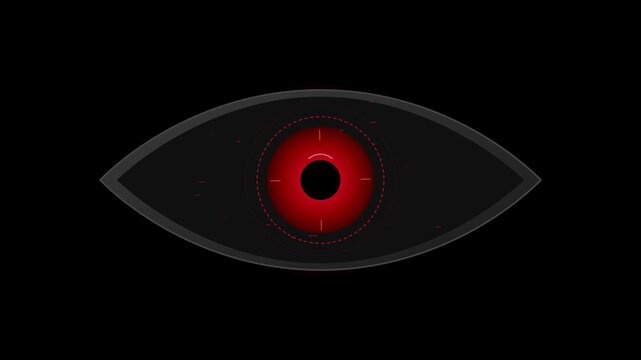 A high-tech bionic eye icon featuring a reactive iris that dilates and constricts. The mechanical lens glows with a neon red light while digital data particles drift across the surface.