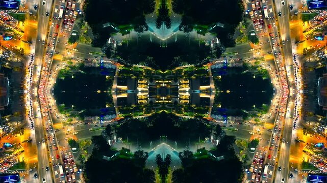 mirrored fractal cityscape skyline with symmetrical skyscraper geometry, abstract urban city architecture pattern with futuristic kaleidoscope reflection effect, technology background 4k