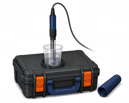 pH probe calibration cup water analysis illustration