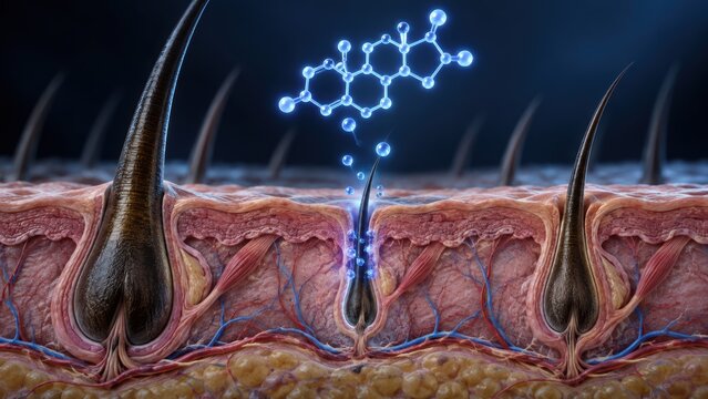 3D Cross Section of Hair Follicle with DHT Hair Loss Dihydrotestosterone Molecule Causing Androgenetic Alopecia