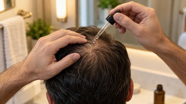 Man Applying Hair Growth Serum Dropper on Thinning Crown Scalp to Treat DHT Hair Loss and Androgenetic Alopecia