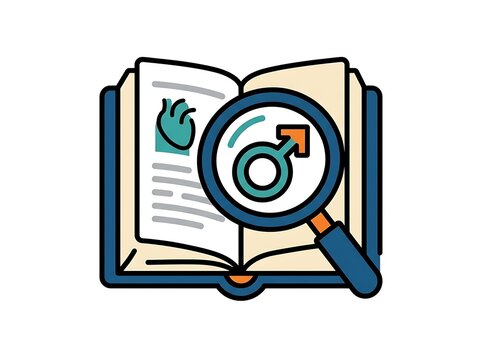 Open book with a magnifying glass over a male gender symbol icon