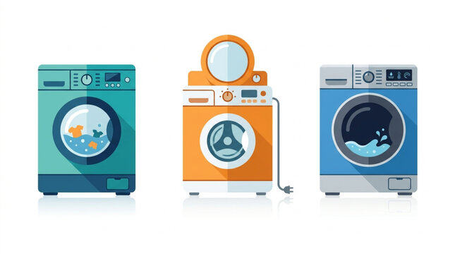 Washing machine set with modern colorful laundry appliances on white background