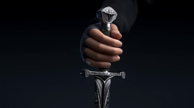 Hand gripping an ornate sword in a dramatic dark close-up. Fantasy film promotion, game trailer production, and medieval adventure storytelling.