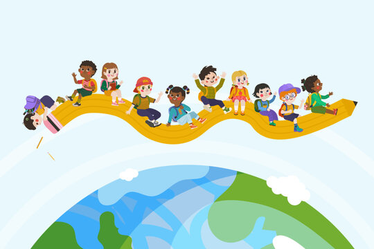 Diverse school children sitting on giant pencil above globe in flat vector style