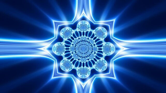 Kaleidoscopic blue light pattern morphs in a symmetrical digital space. Technology presentations, science media, and event screens.