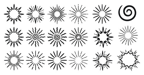 Obraz premium Sunburst and starburst icon set featuring hand drawn rays, circular shapes, radiating lines, and decorative graphic elements
