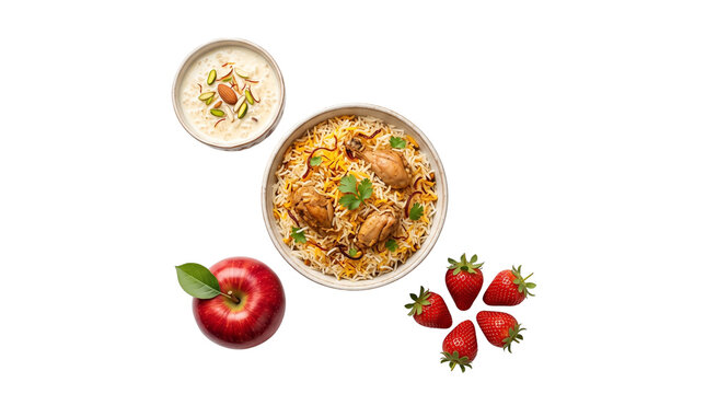 Traditional chicken biryani rice bowl, aromatic Indian basmati rice with chicken, fresh red apple and strawberries with creamy dessert isolated PNG with Transparent Background