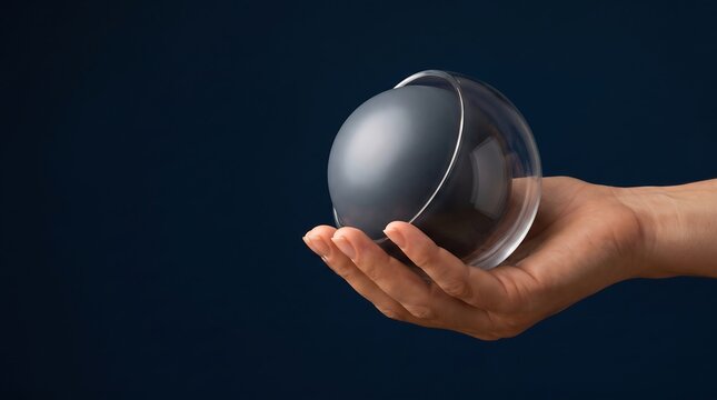 Person holding a dark sphere inside a transparent glass orb against a dark