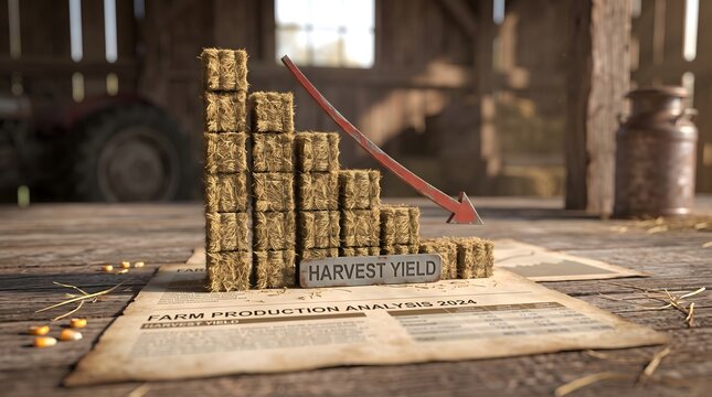 Hay bales forming a decreasing bar chart showing low harvest yield analysis