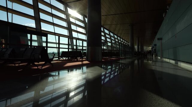 Tracking shot through empty airport hallway capturing bright sun rays casting long shadows and mirror-like reflections across polished floor. Smooth backward glide down modern, high-contrast terminal