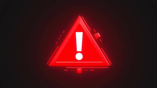 Glowing red warning triangle pulses in a dark digital space. Cybersecurity presentations, software error messaging, and emergency alert systems.