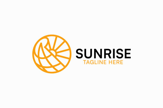 Orange Globe Sunrise Logo Vector in Monoline Sunburst Sphere Style. Global Travel Agency Branding Icon for International Logistics and Solar Energy Company.