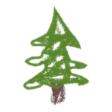 Stylized crayon-style evergreen tree with triangular green foliage and short brown trunk. Playful childlike illustration perfect for kids art, education, nature themes, and creative projects