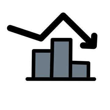 Scalable vector business decline chart icon with falling arrow. Flat cartoon style financial bar graph SVG design template for professional layouts.