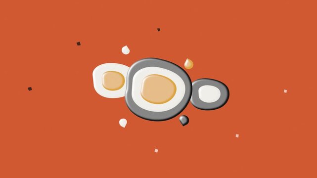 Abstract 3D animation featuring sliced egg shapes on orange background