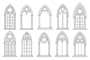 Naklejka na ściany i meble Gothic church window with ornate glass arch frame. Medieval cathedral architecture silhouettes. Vintage stained pattern for classic interior design and decorative illustration projects