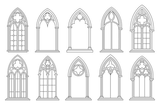 Gothic church window with ornate glass arch frame. Medieval cathedral architecture silhouettes. Vintage stained pattern for classic interior design and decorative illustration projects