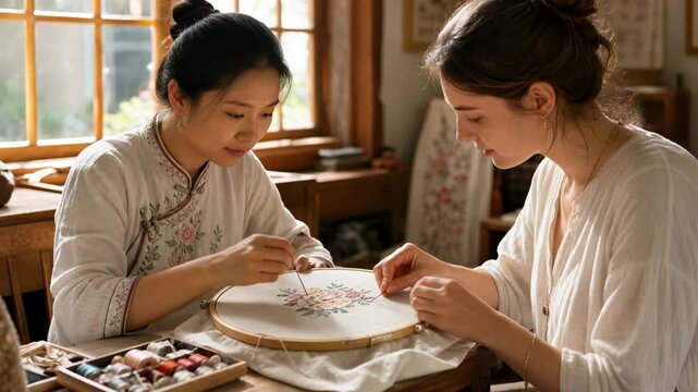 Craftsmanship Unveiled: Two women, one with an Eastern appearance and the other with a Western look, engage in the art of embroidery.