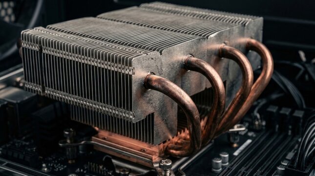 A close up view of a server cooling fan mounted on a motherboard with copper heat pipes and aluminum fins dissipating heat inside a computer chassis hardware, underscoring the computer