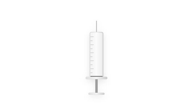 A clean flat vector animation of a medical syringe filling and emptying with vibrant green medicine, featuring a soft silver gradient body and a glowing needle tip on a white background.