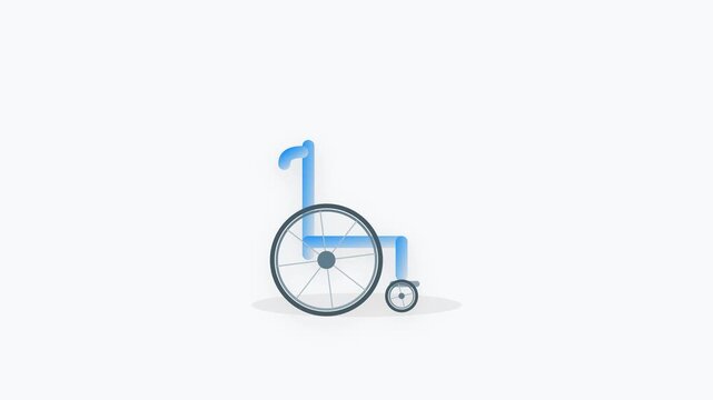 A high-quality flat vector illustration of a wheelchair featuring a metallic blue and silver frame, rotating wheels, and a soft outer glow on a clean off-white backdrop with a seamless 5-second loop.