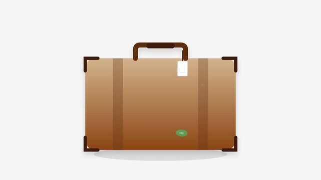 A 2D flat vector illustration of a brown and tan gradient suitcase featuring a swinging luggage tag and colorful travel stickers that appear sequentially in a seamless 5-second loop.