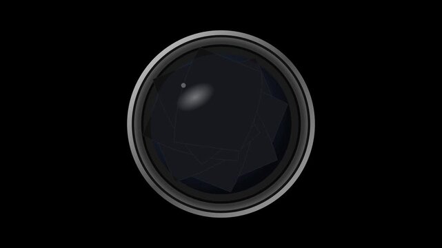A high-end 4K vector animation of a professional camera lens. Features silver and dark gray metallic gradients, mechanical aperture movement, and a subtle lens flare on a black background.