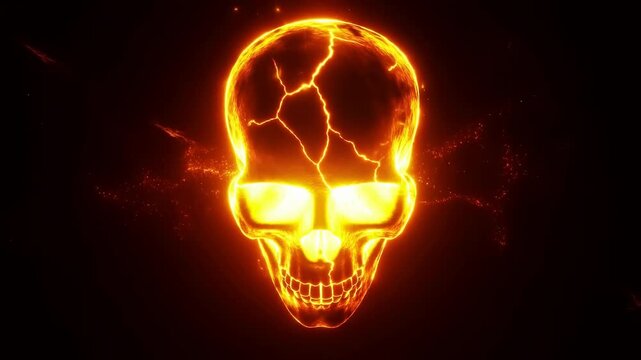 Glowing cracked skull flickers with fiery energy and particles in dark digital space. Horror title sequences, gaming intros, and music graphics.