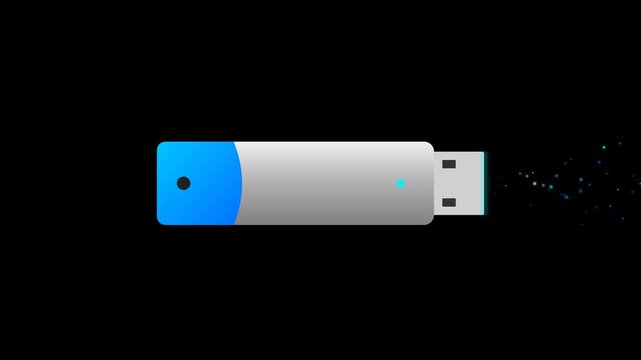 A sleek silver and blue thumb drive features a luminous connector tip with digital data streams entering the device in a seamless five second loop against a dark backdrop.