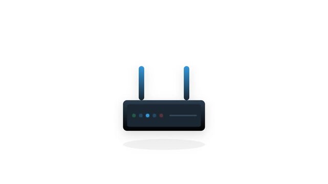 A sleek black to blue gradient router icon featuring adjustable antennas, sequential signal pulses, and blinking status indicators on a clean white background with a smooth 5-second loop.