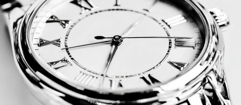 A close-up photograph showcases a silver wristwatch with Roman numeral hour markers and delicate hands, highlighting the intricate details of the timepiece against a soft, blurred background