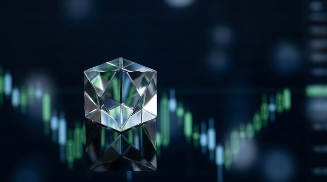 Crystal ethereum logo reflecting on a digital financial trading chart background