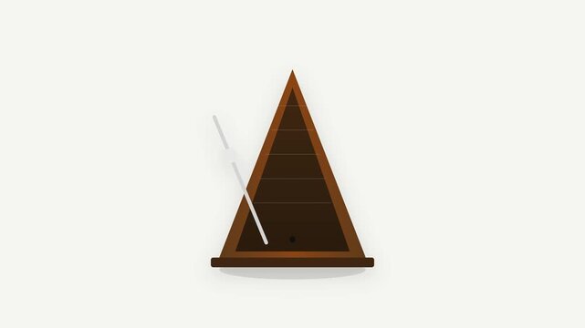 A high-quality 2D flat vector metronome featuring a polished brown wood body and a silver sliding weight pendulum swinging smoothly in a seamless 5-second loop with soft drop shadows.