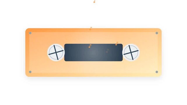 A vintage cassette tape with orange and cream gradients featuring spinning internal reels and rising musical notes. The flat vector design includes a soft shadow and subtle glow on a white background.
