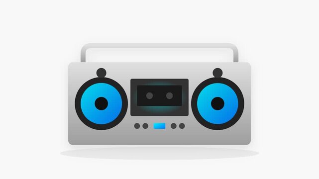 A high-fidelity 2D flat icon of a retro boombox featuring metallic silver and neon blue gradients, with rhythmic speaker movement and glowing cassette deck details on an off-white background.