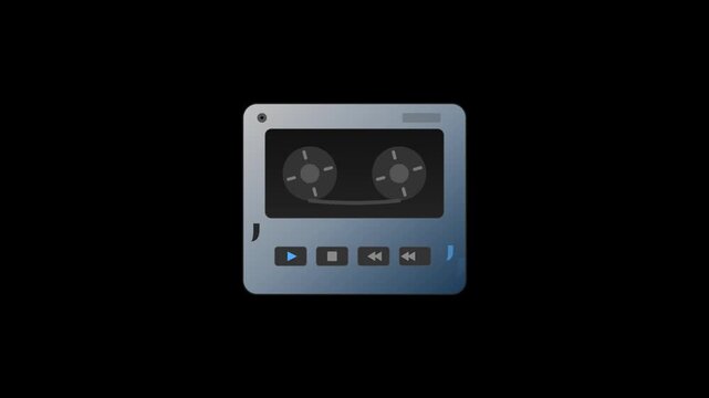 A sleek silver and blue gradient walkman features spinning internal cassette reels and glowing control buttons while musical notes drift upwards in a seamless 5-second loop.